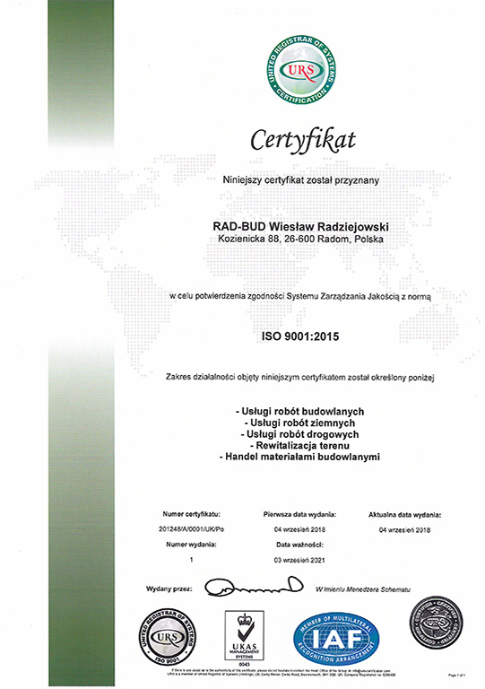 RAD BUD Certyfikat ISO 9001 2015